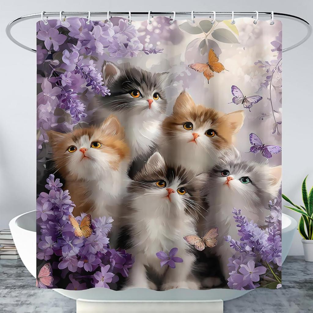 Cute Cat Cartoon Pet Cat Kitten Bathroom Curtain,Cat Paw Print Cat Lover Bath Curtain Polyester Waterproof Bathroom Curtain Wi