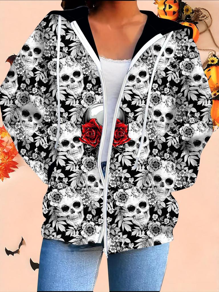 Halloween 3D Printed Hooded Cardigan Plus Size Autumn Winter Retro