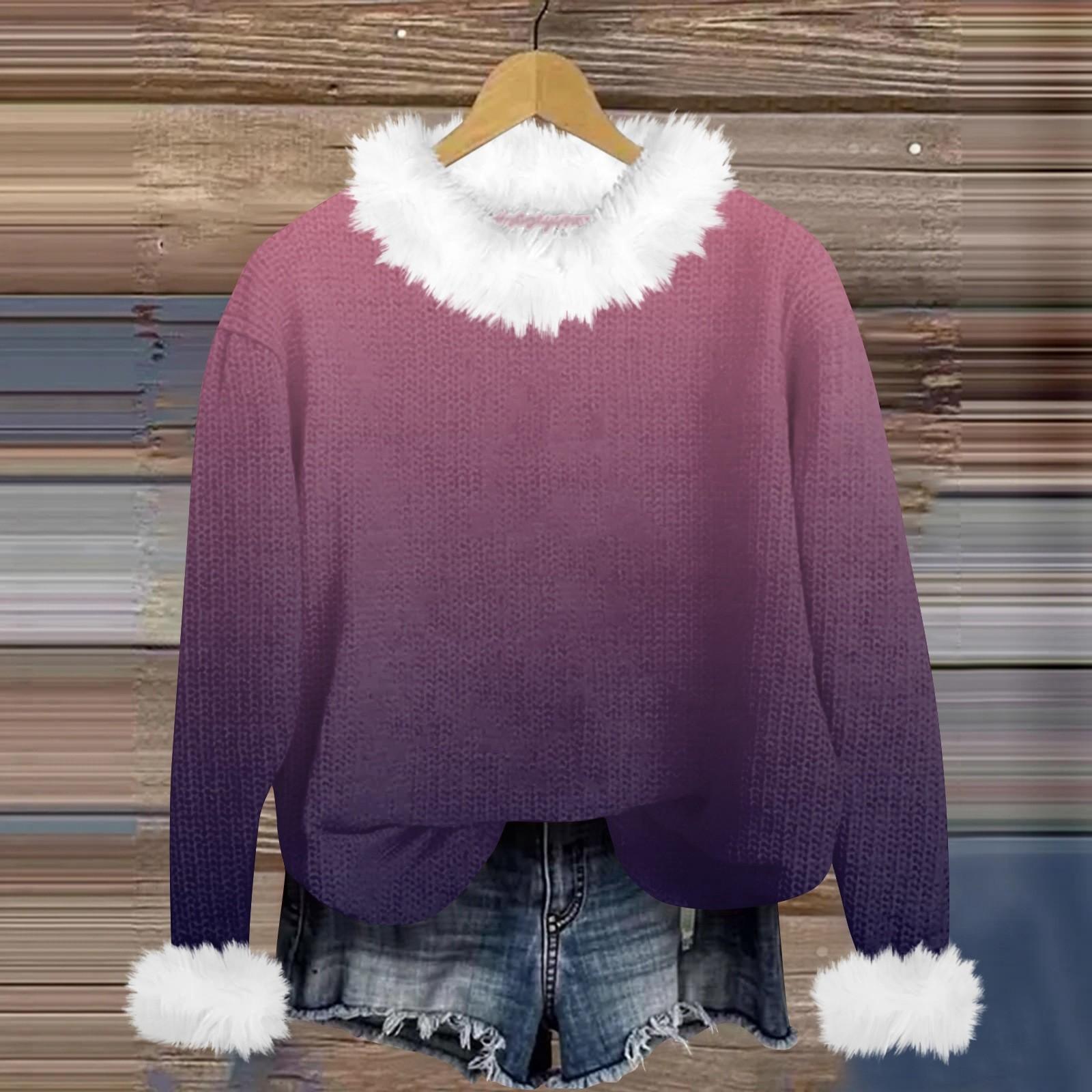 

Свитшоты для женщин Вязаный свитер Милая рубашка Осенний круглый вырез Пуловер с меховым воротником Топы XL фиолетовый