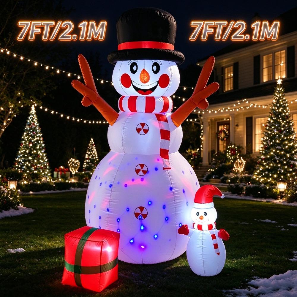 7FT/2.1M Inflatable Snowman Set with Lights and Red Gift Box, Christmas Outdoor Yard Decoration