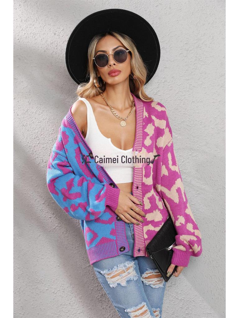 European & American Leopard Print Knitted Cardigan: Autumn/Winter, Mid-Length, Round Neck, Single-Breasted, Streetwear Style, Plus Size Sweater