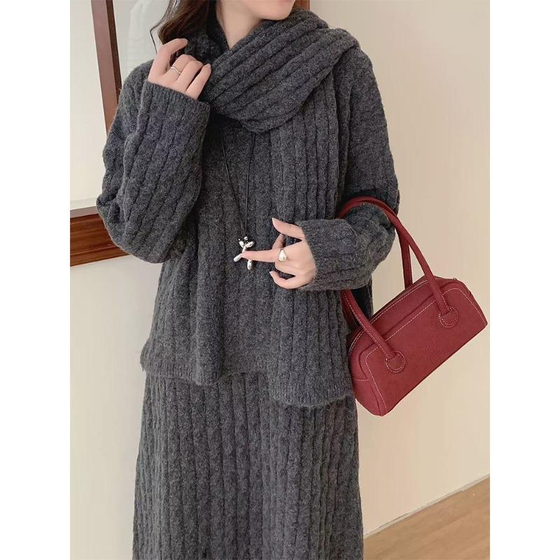 Casual three-piece autumn and winter lazy wind large size long-sleeved scarf knitted sweater skirt set