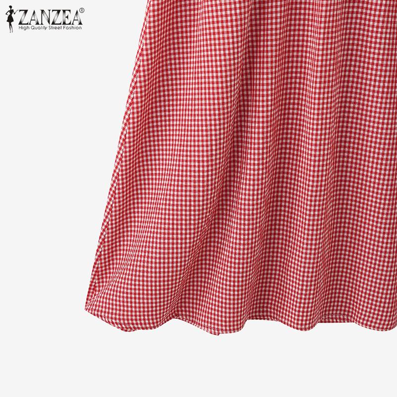 ZANZEA Women Casual Round Neck Summer Sleeveless Plaid Print Dress