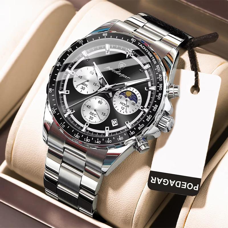 Mens Watches Multifunctional Chronograph Watch For Men 30M Waterproof Luminous Moon Phase Quartz Wristwatches Box