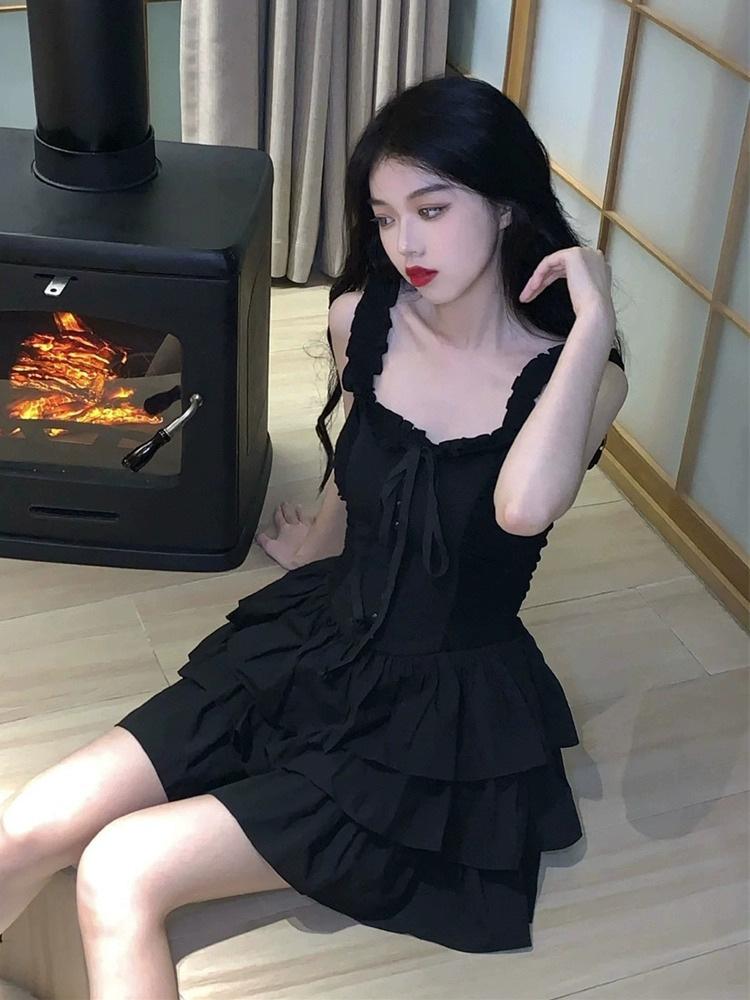 French black suspender dress women s new small high-end Hepburn style princess tutu summer S чёрный