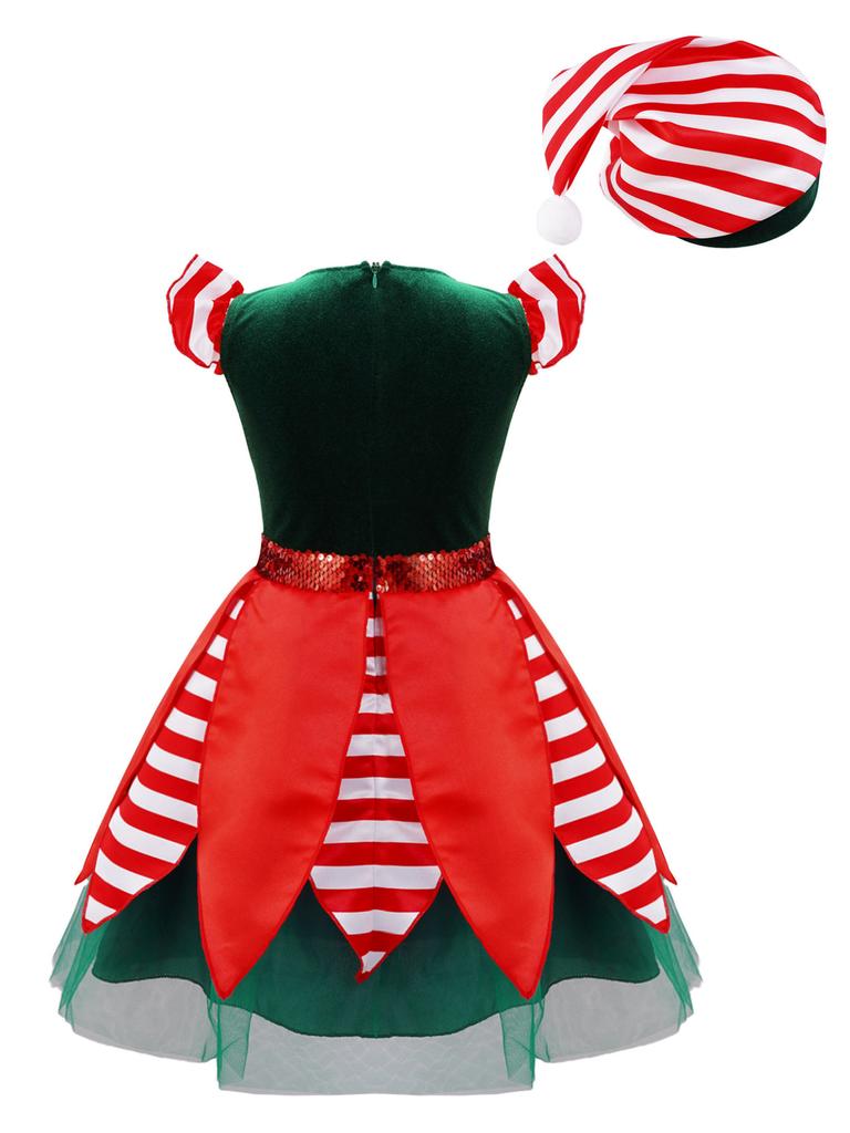 Kids Girls Elf Christmas Costumes Round Neck Sleeveless Sequins Stripes Print Mesh Dress with Hat for Theme Party Buy cheaply on Joom Kids Girls Elf Christmas Costumes Round Neck Sleeveless Sequins Stripes Print Mesh Dress with Hat for Theme Party Buy cheaply on Joom