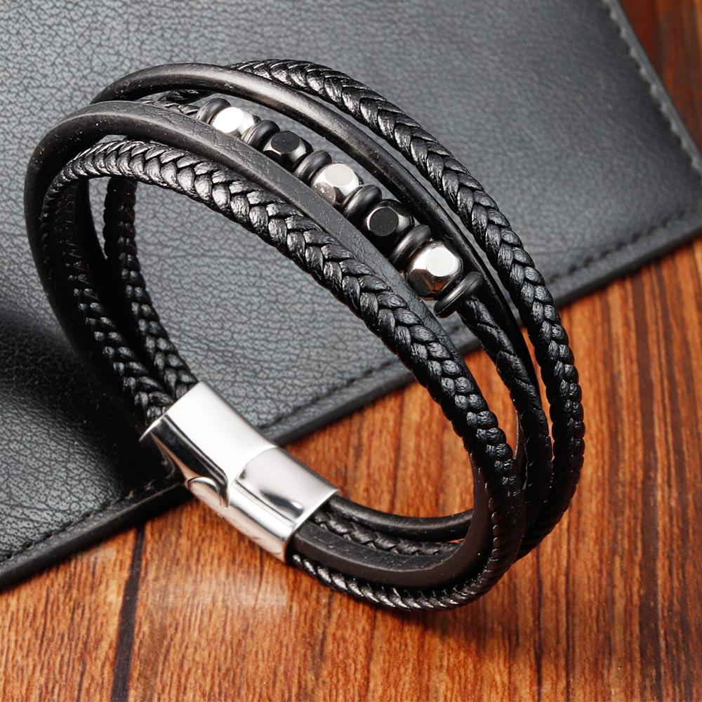 Men's Black Leather Bracelet Double Layer Rope Simple Stainless Steel Braided Handmade Wristband Outdoor Jewelry Accessories