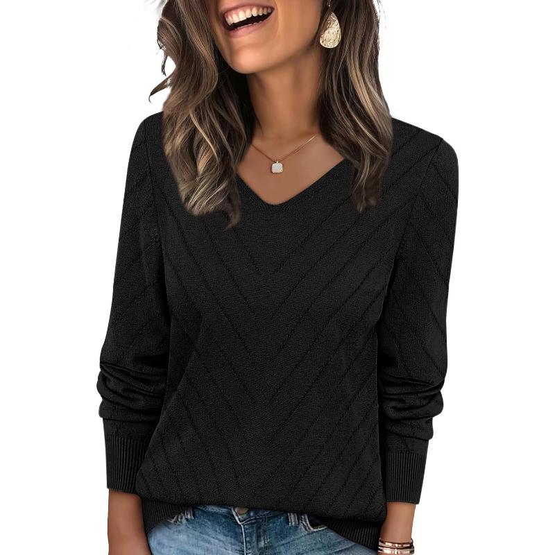 Damen V-Ausschnitt Strickpullover Langarm Zickzack-Struktur Lockerer Sitz Lässiger Pullover Top