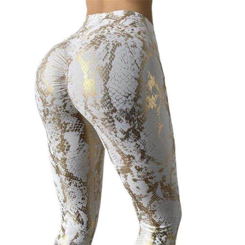 Tight Elastic Bronzing Yoga Pants Fashion Wind Cross-Border Snake Pattern Peach Hip Fitness Pants High Waist Slimming Sports Pants