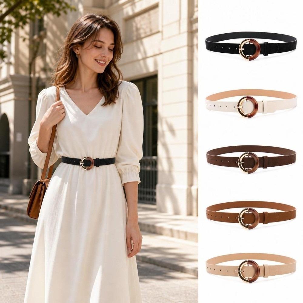 Alloy Metal Buckle Fashion Waist Belt Gradient Round Ring Buckle Faux Leather Belt  For Women