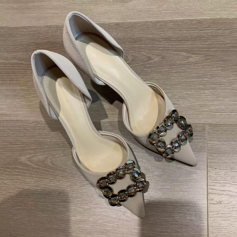 Fashion Women's Fall New Thin Heel Shoes Fashion Pointed Head Shallow Mouth Crystal Buckle Non-slip High Heels