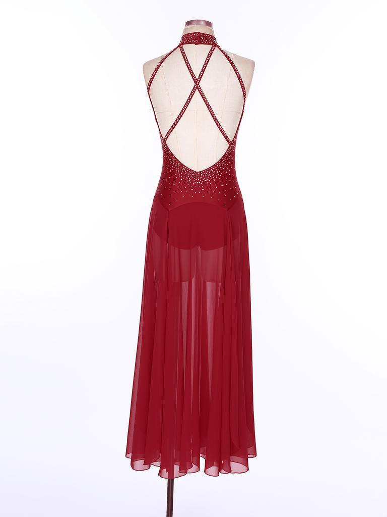 Womens Lyrical Dance Costume Halter Strappy Back Shiny Rhinestones Split Dress Stage Performance