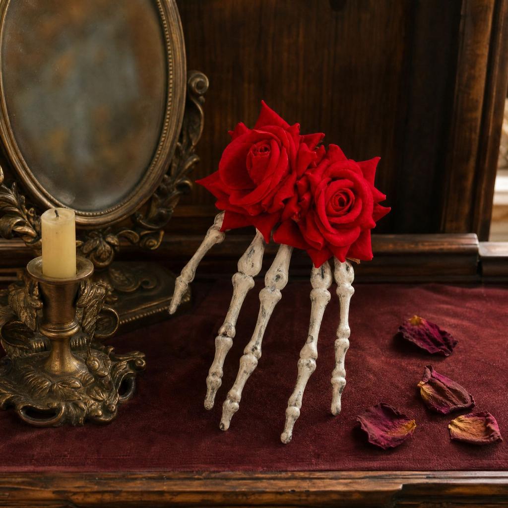 Halloween Skeleton Hand and Twin Flower Hair Accessory for Women and Girls