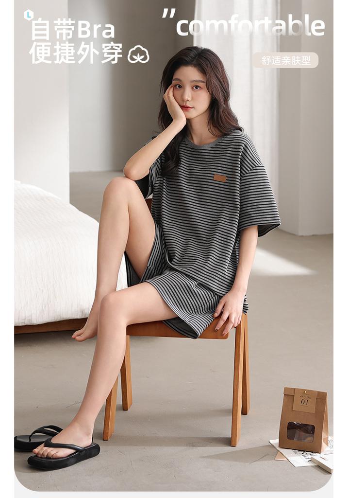 [With Chest Pad] Modal Short-sleeved Pajamas Women's Summer Thin Shorts Loungewear Striped Crew Neck Girls Suit