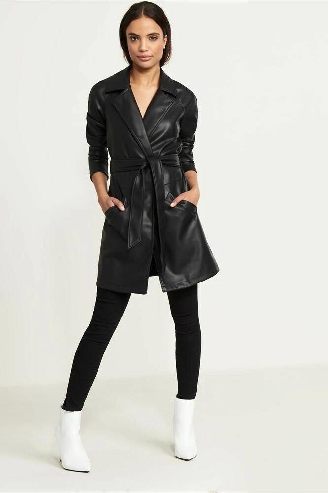 

Кожа Натуральная Овчина Ручная Работа Женское Черное Тренч Пальто Формальное Повседневное Стильное 3XL чёрный