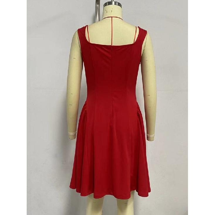 Fashion Solid Color Party Square Neck Backless Mini Slip Dresses 2025 New Elegant High Waist Club Pleated Short Dress
