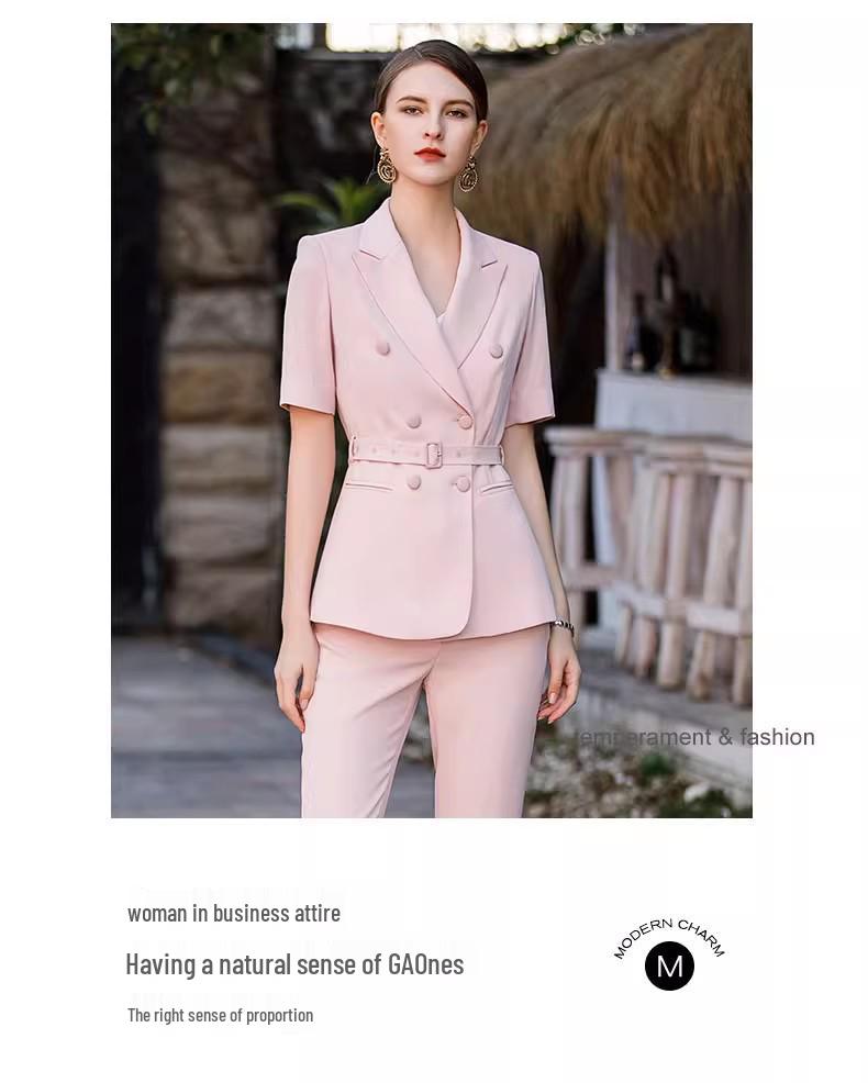 Women's Summer Pink Short-Sleeve Blazer Set - Professional OL Style