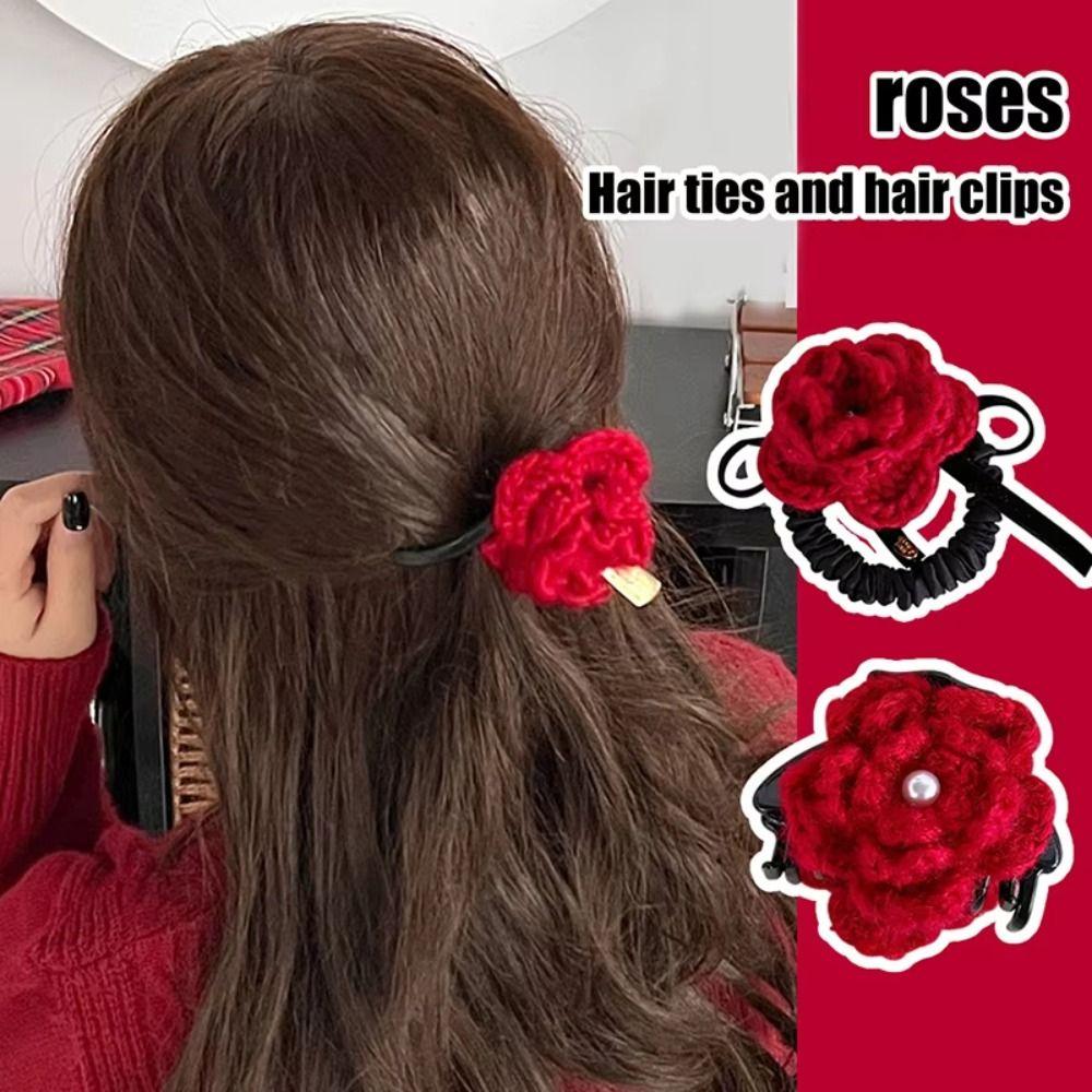 Knitted Wool Flower Hair Rope Wool Rubber Hair Tie Gift Rose Flower Hair Claw  Streetwear