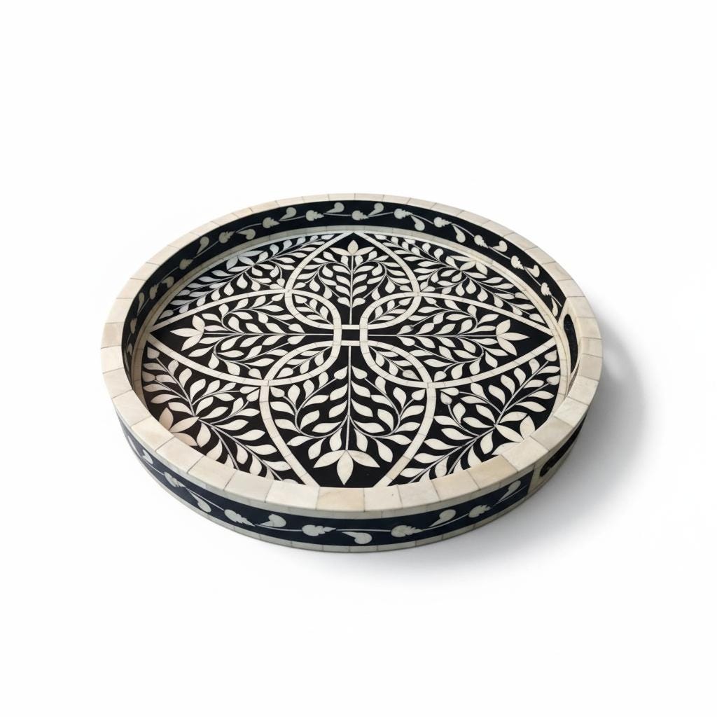 Wood Tray, Bone Inlay Serving Tray | Decorative Artisan Serveware | Kitchen Home Decor Tray | Indian Gift | Ethnic Table Top Rajasthani Tray