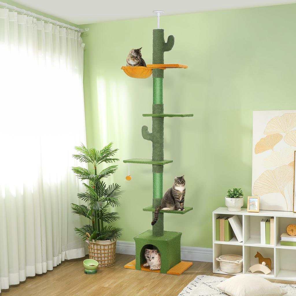 230-275cm Boden-Decke verstellbarer Kratzbaum mit Kratzsäulen, Hängematte