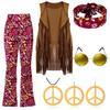 Women Peace Love Girls Hip Indian Retro Hippie Disco 60s 70s Cosplay Costume Tassels Vest Pants Cardigan Halloween Stage Party