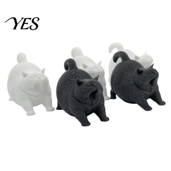 Modern Home Decoration 3D Printed Cute Yawning Chubby Cat Figurine, Black White, Wide Stable Anti-Tipping Base, Desk Decor Desktop for Pet Shop