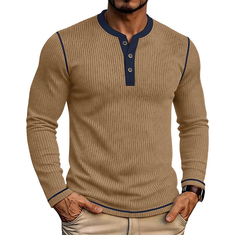 Men's Henry Neck Knit Long Sleeve T-Shirts Color Block Ribbed Casual Slim Fit Pullover Tops Autumn Winter Thermal Undershirts Men