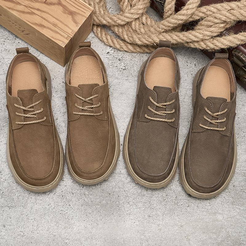 Spring New Genuine Leather Shoes for Men with Lace Up Retro Solid Sole Lightweight Casual and Easy To Wear Shoes with Thick Sole
