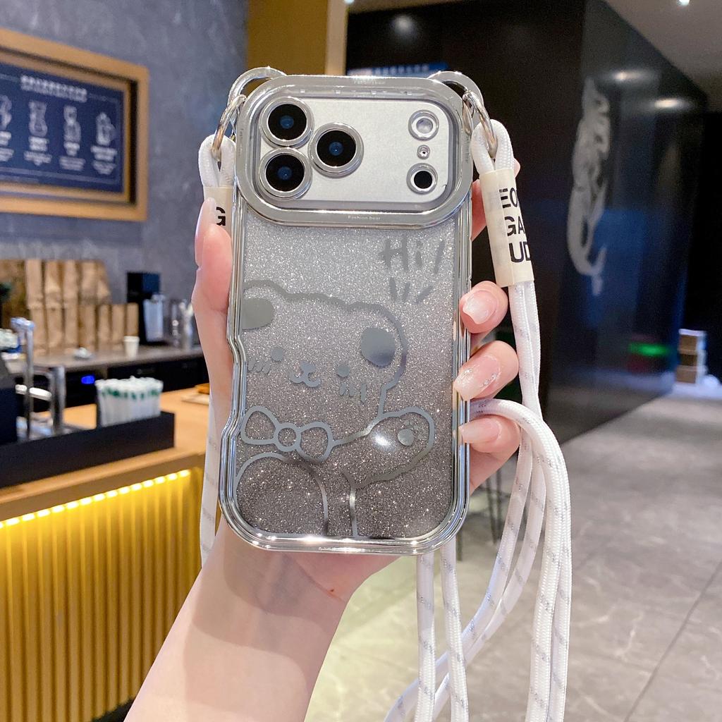 Cute Bear Ear Plating Crossbody Strap To Phone Case For iPhone 17 16 15 14 13 12 11 Pro Max X Xs Max 7 8 Plus 17Air Cover Girl