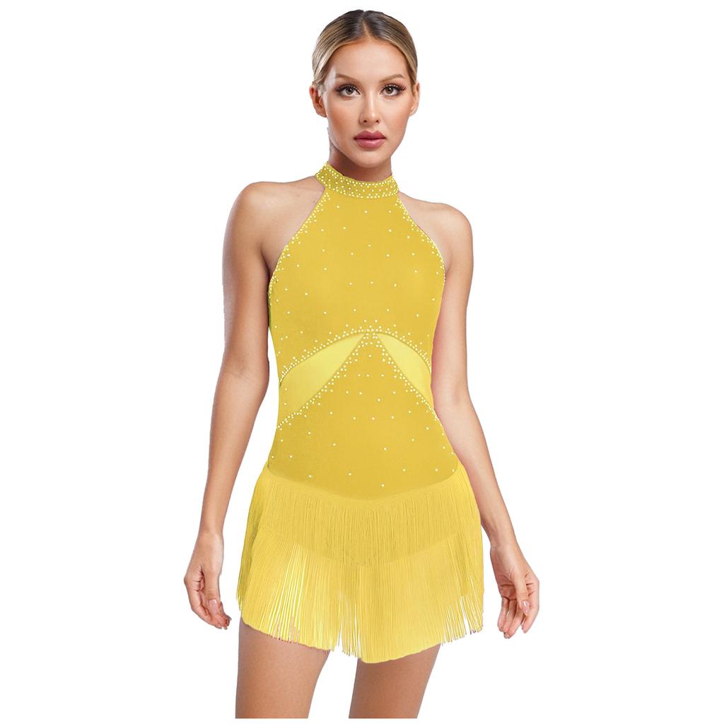 Ladies Sparkly Rhinestone Cha Cha Dance Leotard Tassel Mesh Patchwork Back Hollow Out One Piece Bodysuit