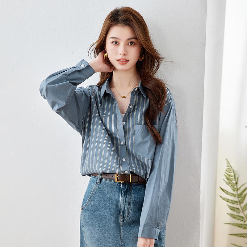 

Retro Blue Striped Shirt for Women Long-sleeved Spring Outfit New Design Top Literary Temperament Shirt XXL синій