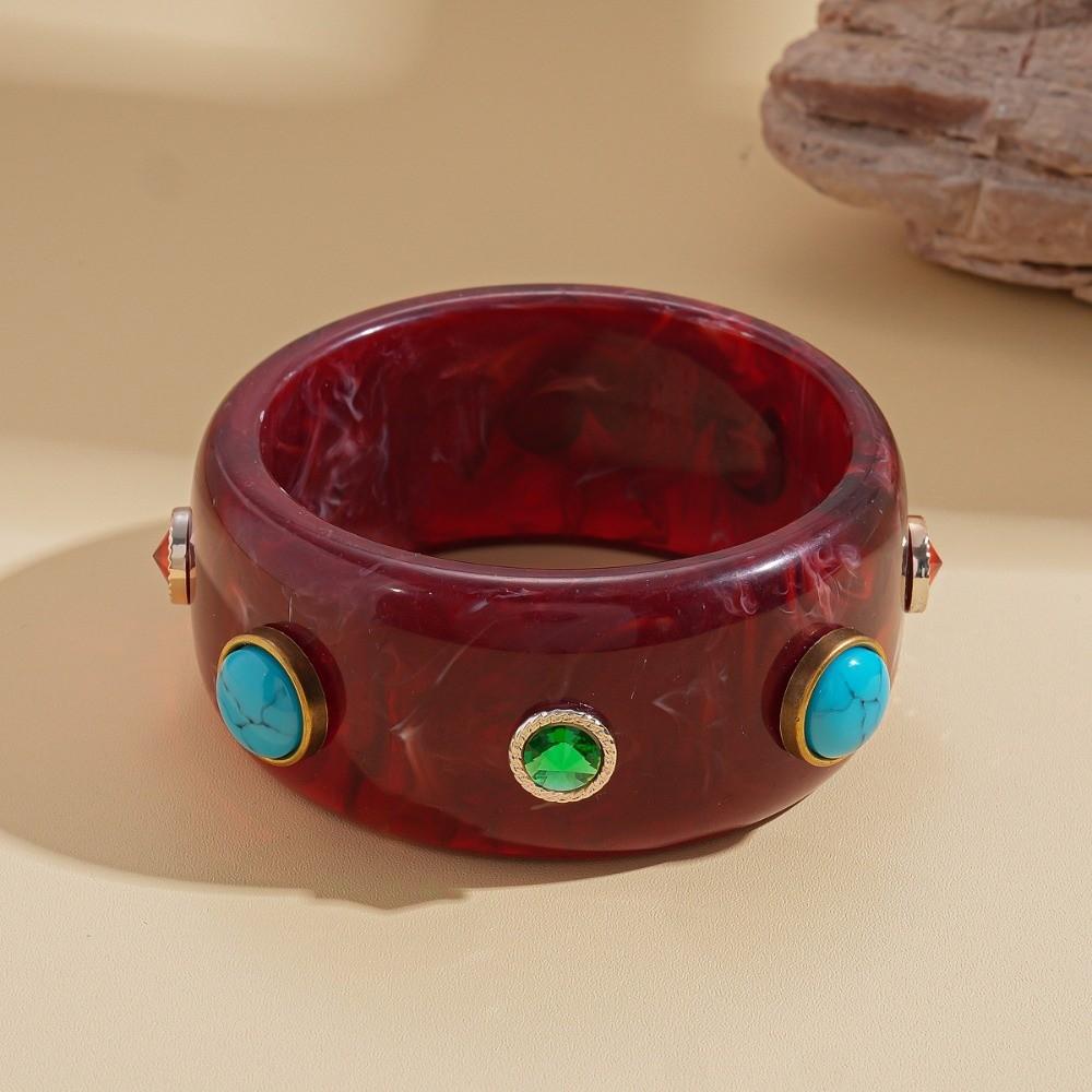 Wide Turquoise Acrylic Bracelet Turquoise Retro Hand Ring Acrylic Rhinestone Bangle  Decoration