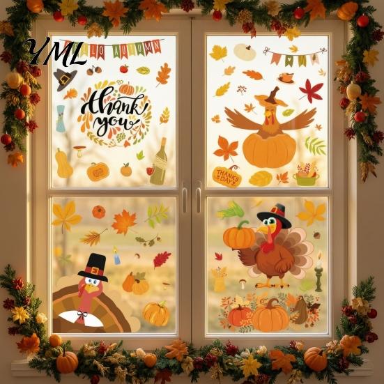 Removable Glass Stickers 4 Sheets Thanksgiving Static Window Stickers, Decorative Vinyl Decals, Autumn Turkey Pumpkin Maple Leaves Patterns