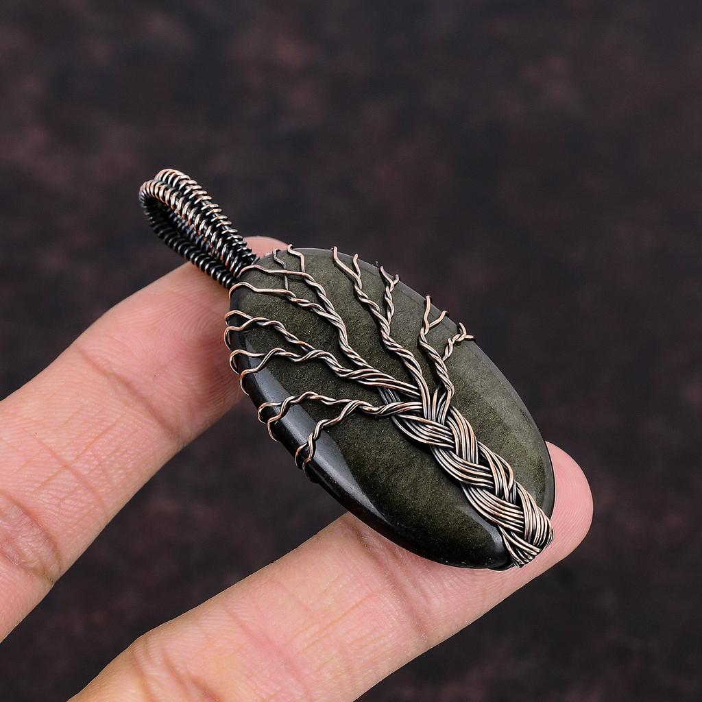 Přívěsek Strom života Obsidián stříbrný lesk Měděný drátem obmotaný přívěsek Šperky Strom života Drahokam Měděné šperky Dárek Ručně vyrobený přívěsek