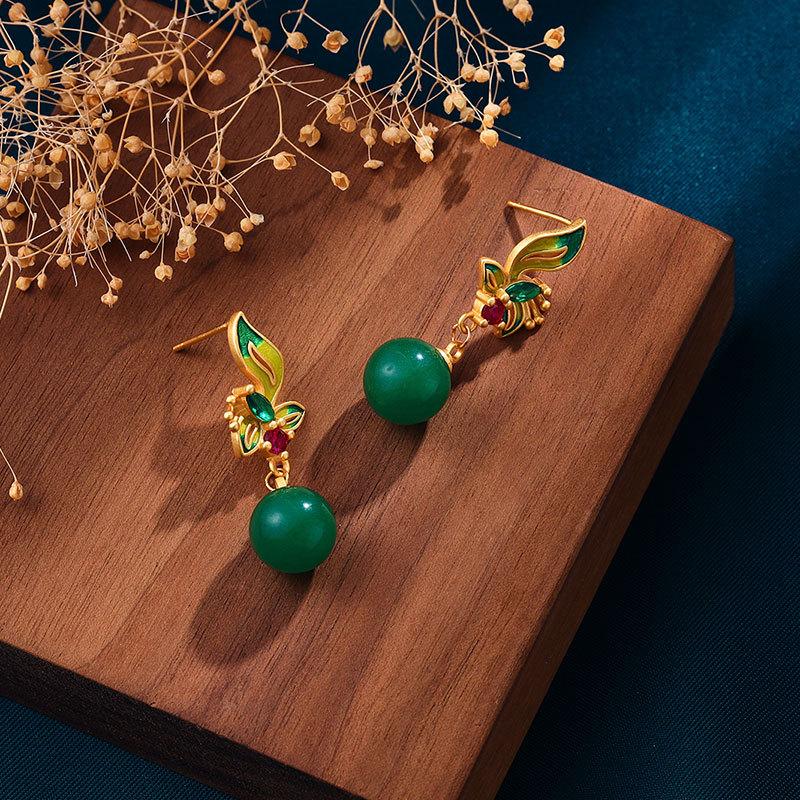 Chinese Style Classical And Simple Natural Jasper Round Bead  Earrings For Women  Enamel Crystal Flower Ear Studs Jewelry
