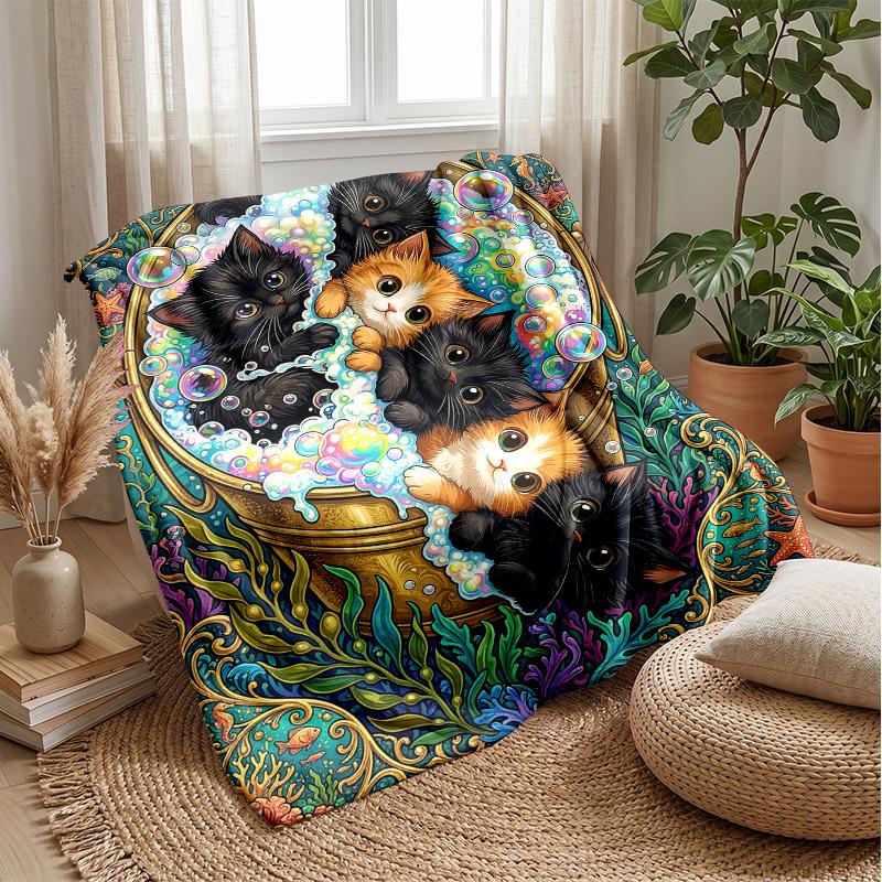 Kittens in Hammock with Flowers Theme blanket Lightweight Warm Flannel Blanket Decorative Throw Blanket for Home Decoration