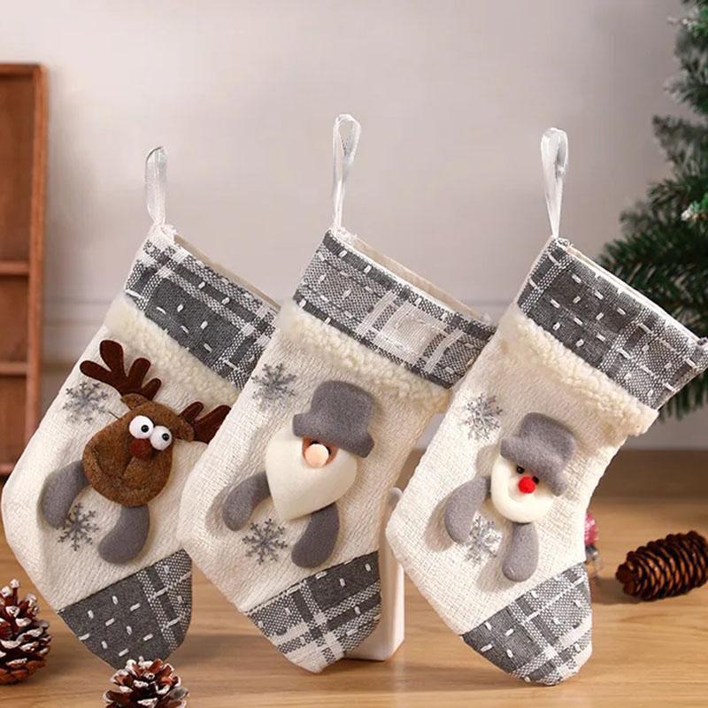 New Fabric Art Christmas Socks Grey White  Christmas Decoration Santa Claus Snowman Candy Gift Bag Christmas Tree Hanger