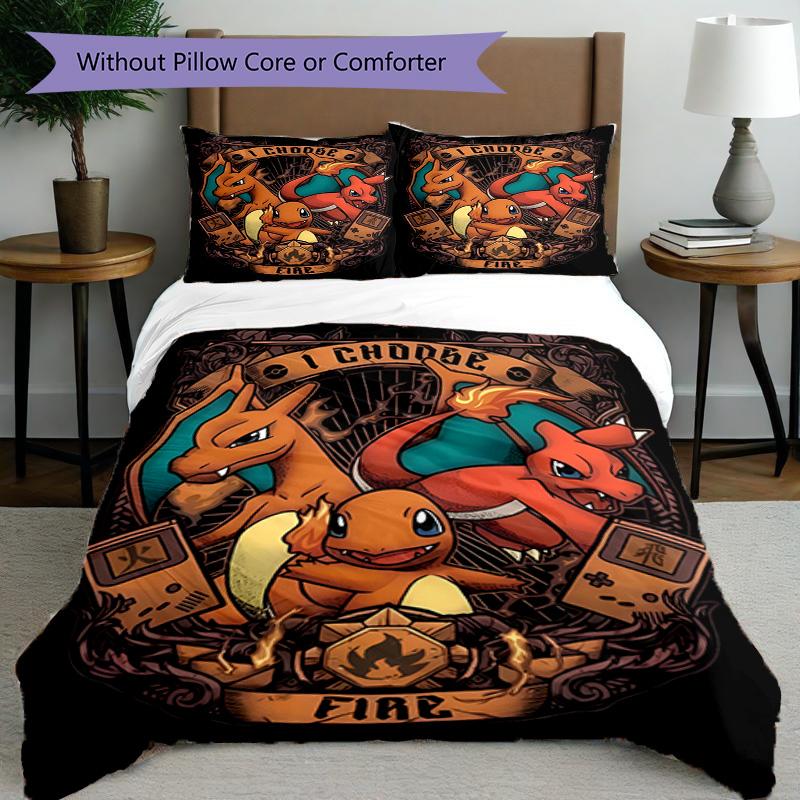 3pcs Duvet Cover Set (1*Duvet Cover + 2*Pillowcase, Without Core), Charizard VS Blastoise Print Bedding Set, Bedroom Decor, All‑Season, Birthday Gift