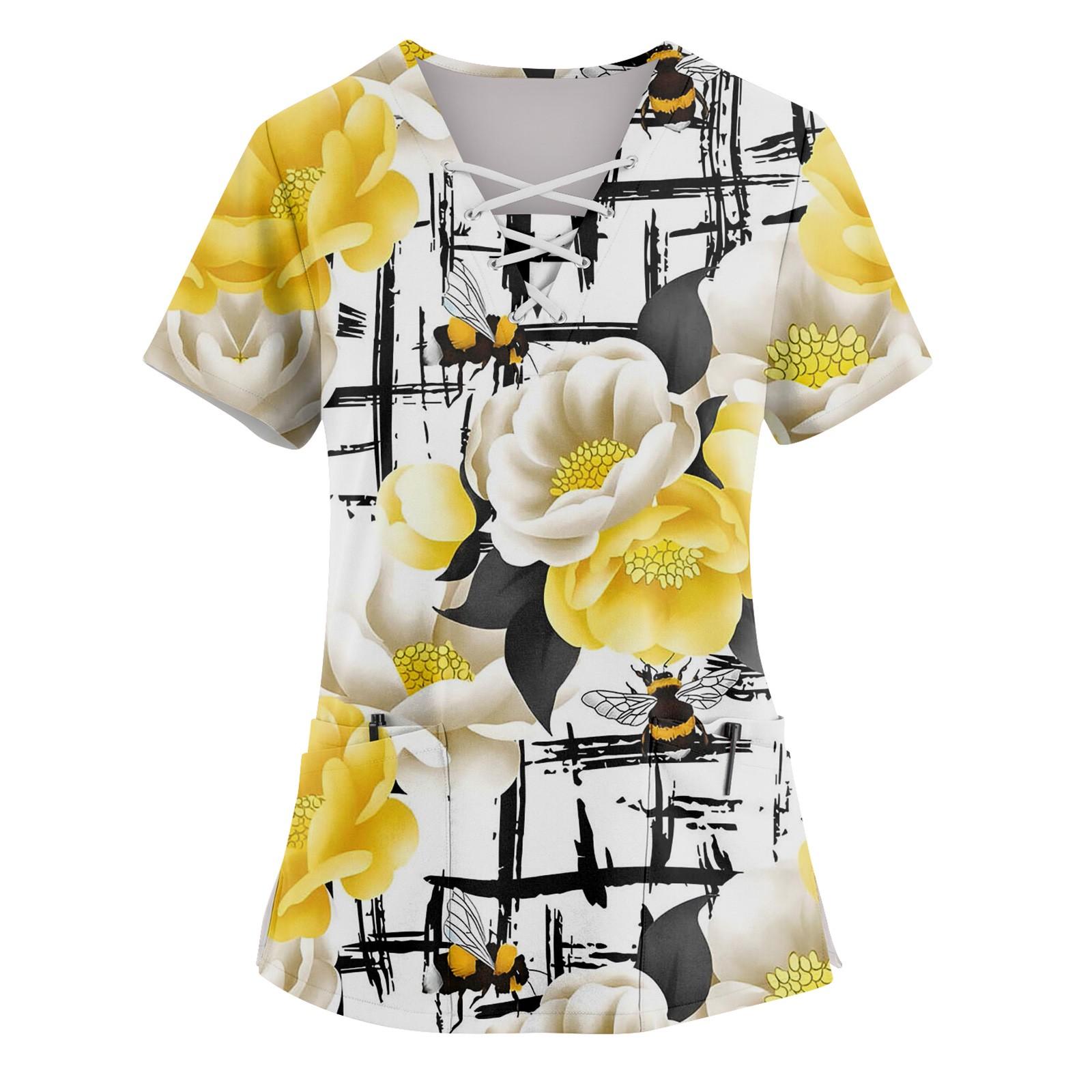 

Женский топ с короткими рукавами, V-образным вырезом, цветочным принтом и карманом XL жёлтый