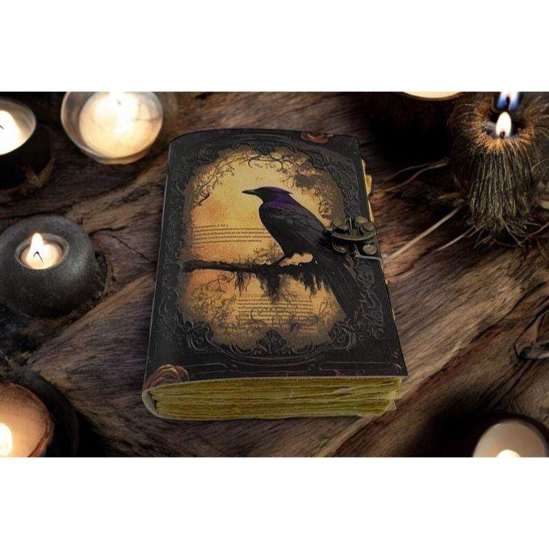 Leather Journal Gothic Notebook The Raven Grimoire Print - Vintage Handamde Journal Book of Shadows Witchcrafts Journal Gifts for Men