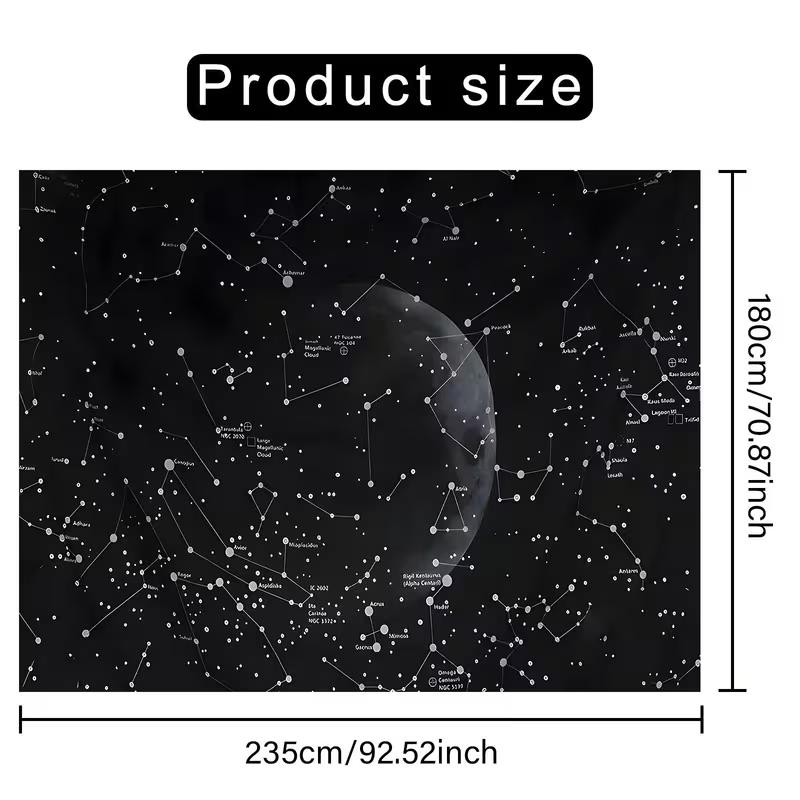 Constellation Star Map Tapestry, Black and White Night Sky with Moon