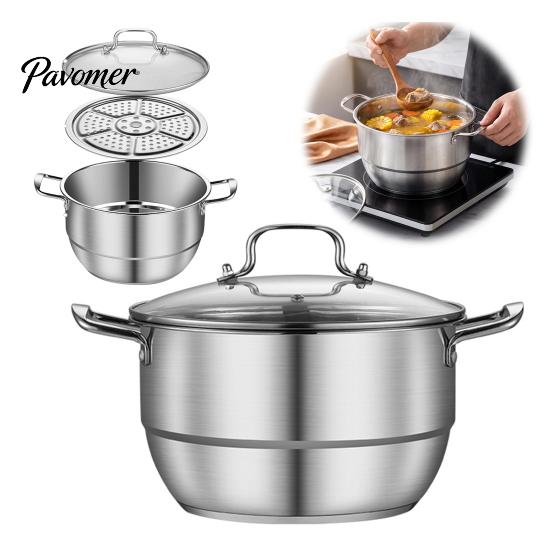 Double Handle Stockpot Stainless Steel Soup Pot with Steaming Sheet, Large Capacity Durable Cookware Dual Stockpot, Anti-Scalding Cooking for