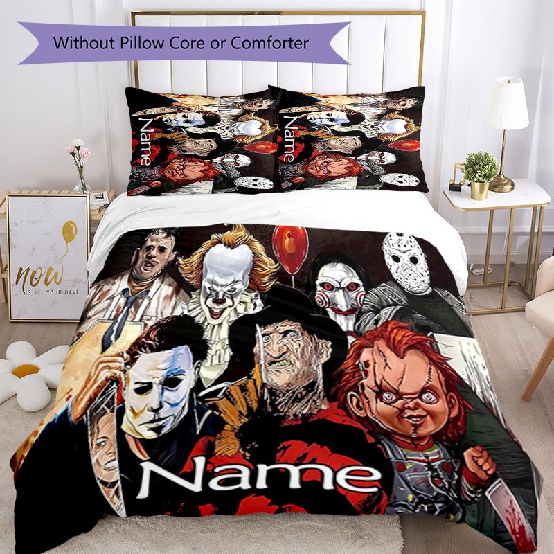 3pcs Custom Name Cartoon Horror movies Bedding Set Duvet Cover Closure Includes 1 Duvet Cover & 2 Pillowcases for All Seasons Bedroom Decor