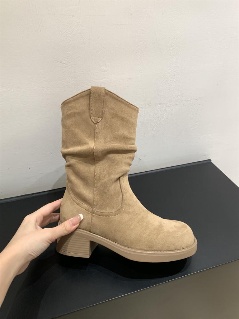High Heel Medium Knight Boots Women's Boots 2025 New Autumn and Winter V-mouth Western Cowboy Pile Short Boots Martin Boots