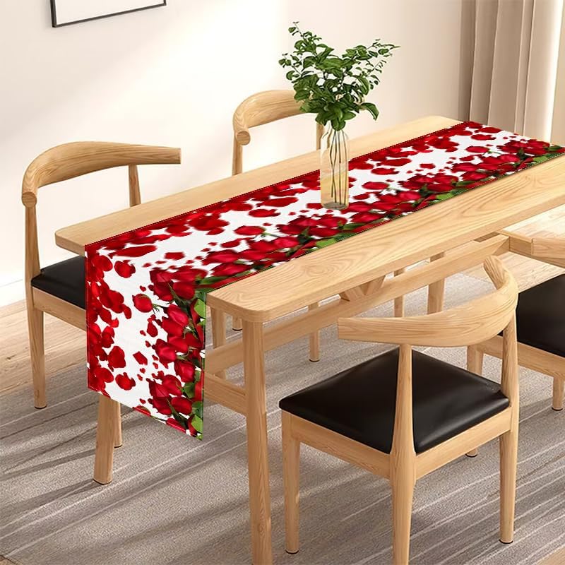 Valentine Table Runners 72 Inches Long, Red Rose Valentine's Day Runners for Table Holiday Anniversary Wedding Kitchen Dining Table Decorations