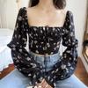 Spice Girl Long-sleeved Top Floral Thin Design European and American Style New European and American Bubble Square Collar French Autumn and Winter Sho