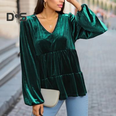 Dames Tops V-Hals Lantaarn Lange Mouw Effen Kleur Pullover Tops Ruffle Stiksels Zoom Losse Pasvorm Velours Shirt