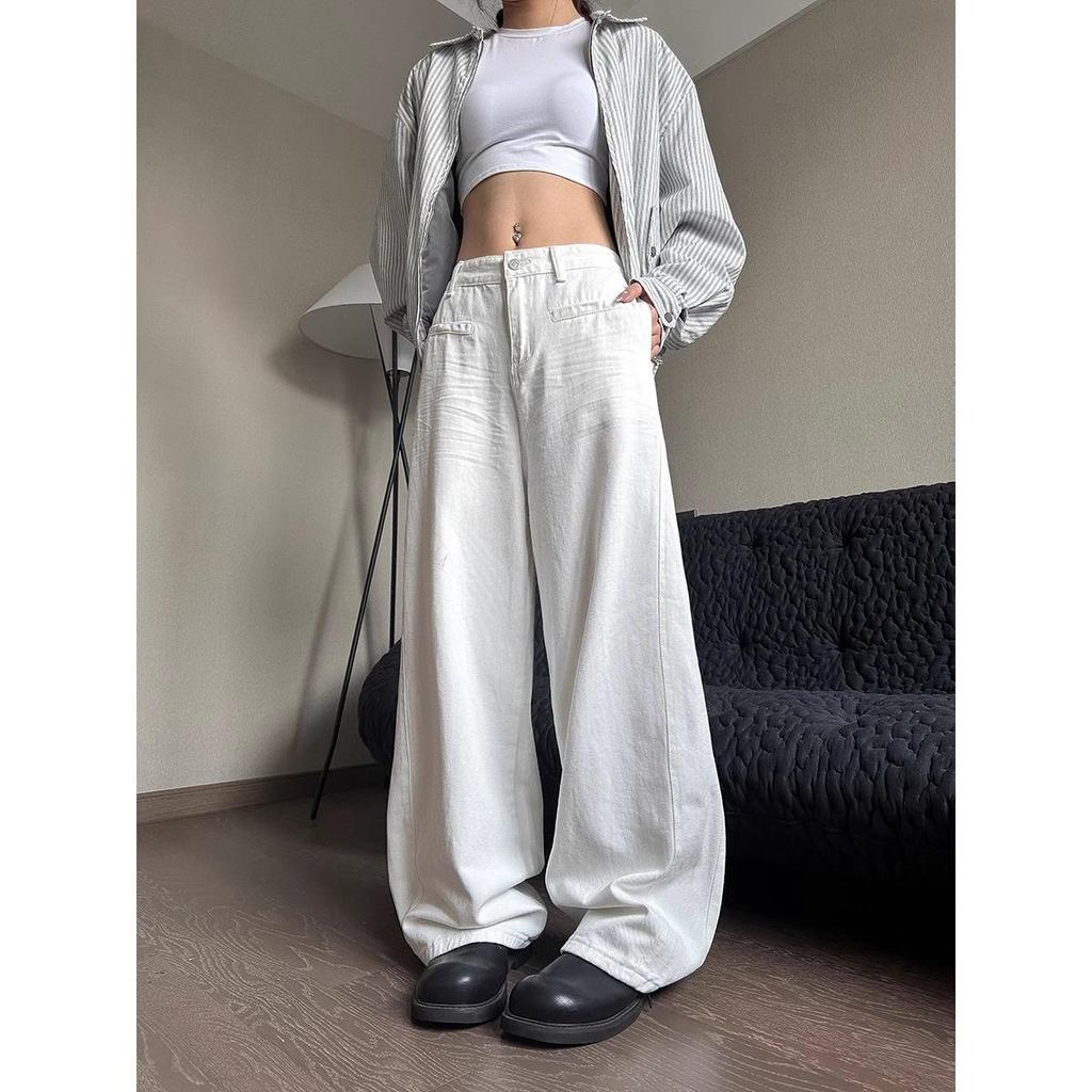 Women's Washed White Wide-Leg Jeans - Casual, Loose-Fit, Straight-Leg for Spring & Autumn