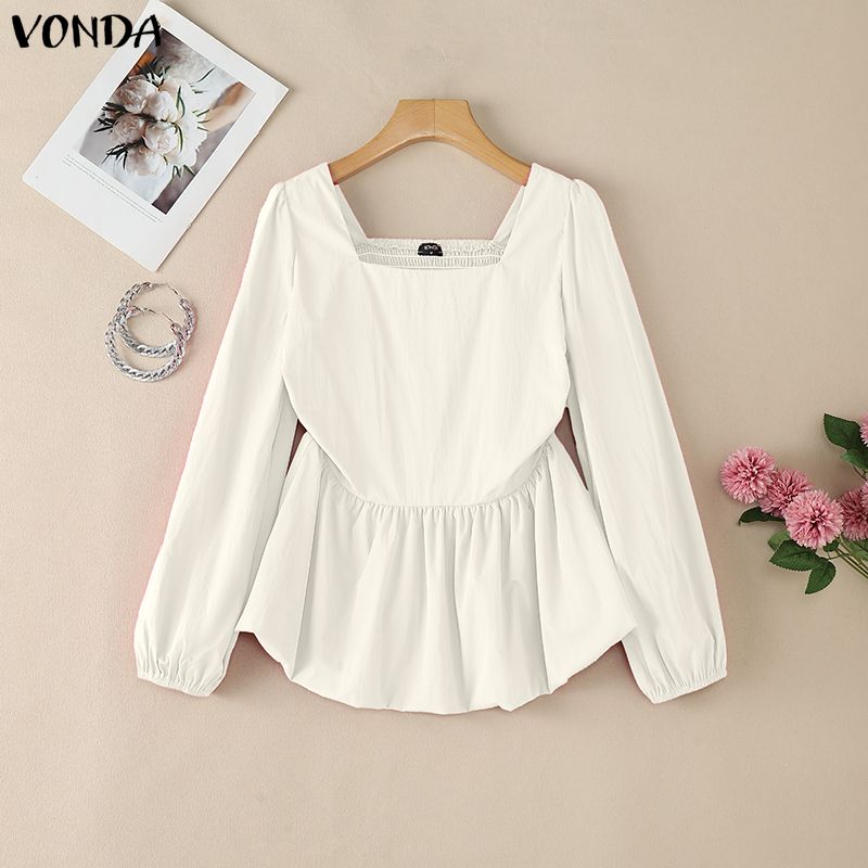 VONDA Womens Square Collar Long Sleeve Ruffled Casual Rumple Blouse Shirts
