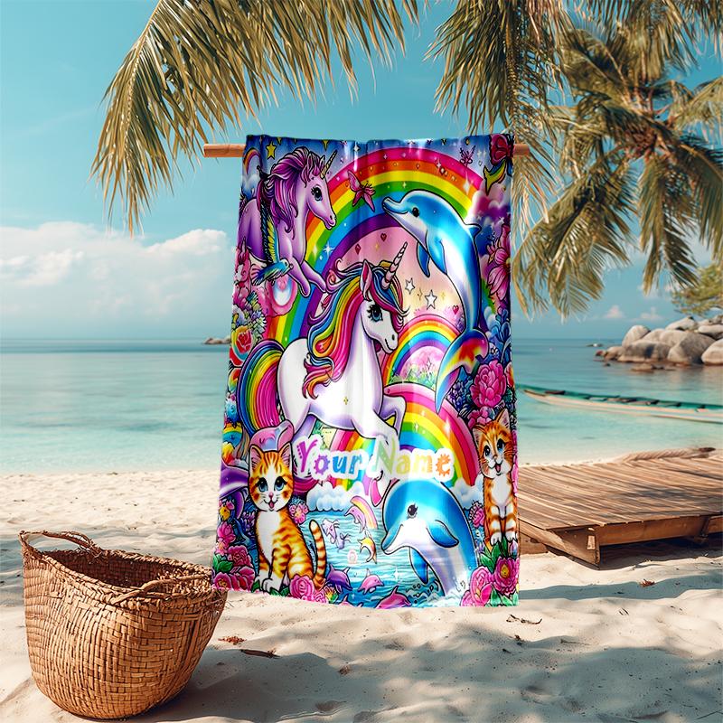 1PC Custom Name Rainbow Fantasy World Beach Towel Highly Absorbent And Sand-Resistant Towel for Swimming, Pool, Yoga, And Travel Lightweight